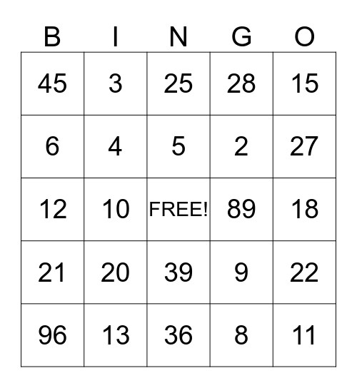 NUMBER BINGO Card