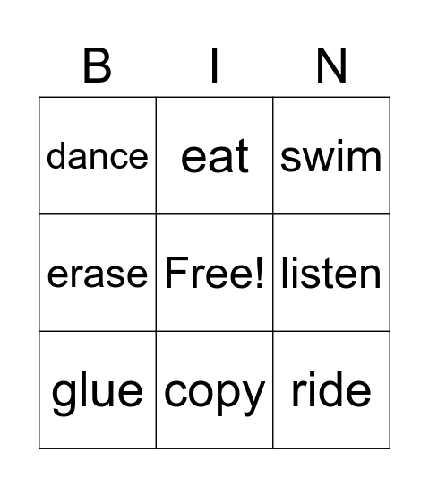 Actions Bingo Card