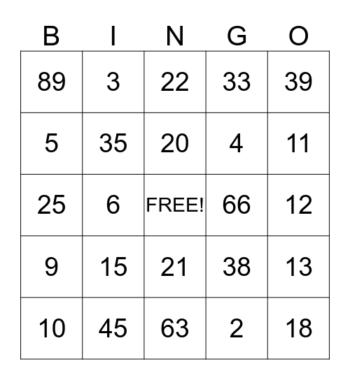 NUMBER BINGO Card