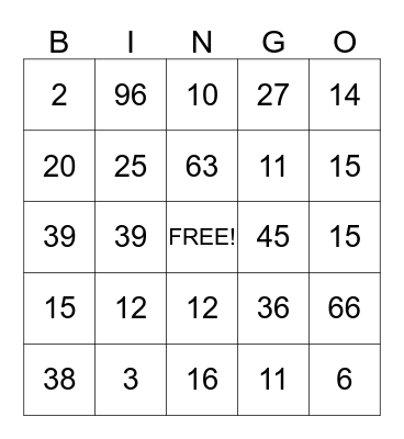 NUMBER BINGP Bingo Card