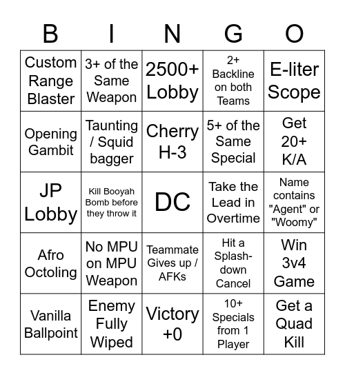Splatoon 2 Solo Q Bingo Card