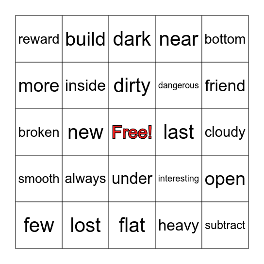 Antonyms Bingo Card
