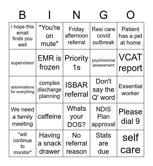 Social Work Bingo Card