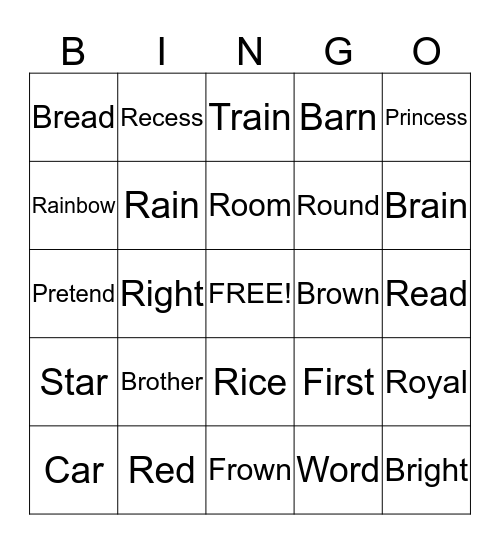 "R" Words Bingo Card