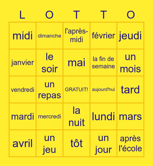 Vocabulaire de base 1 Bingo Card