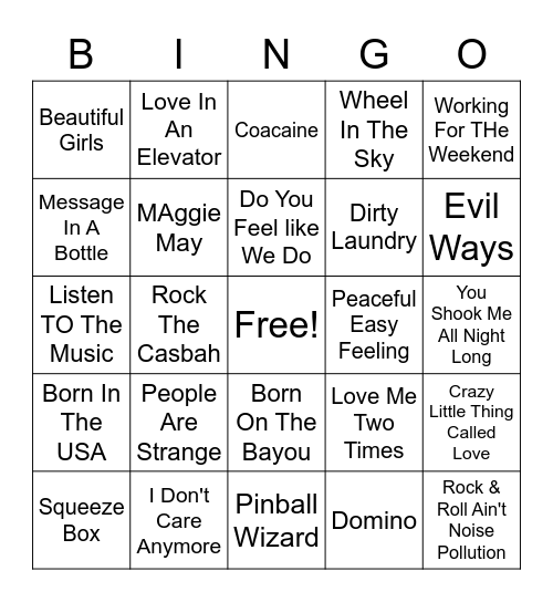 Beefs Classic Rock Cover All Bingo Card