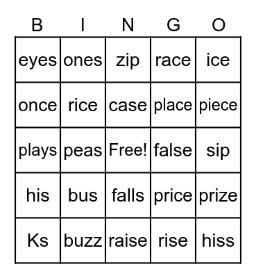 Phonics /s/ and /z/ Bingo Card