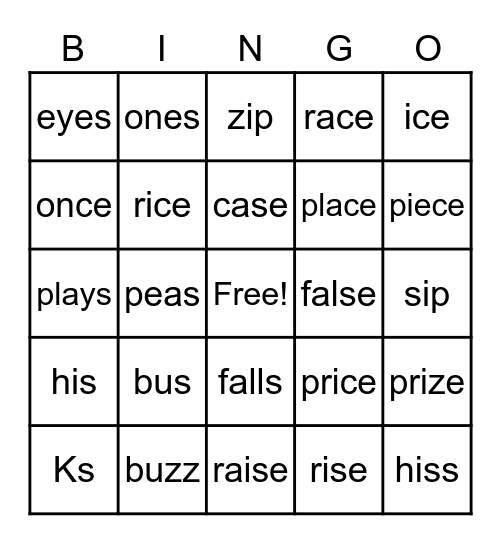Phonics /s/ and /z/ Bingo Card