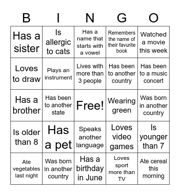 Getting to Know You Bingo Card