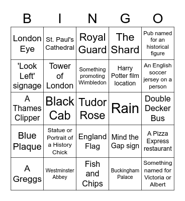 London 2022 Bingo Card