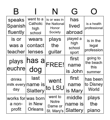 Slattery Family Bingo Card