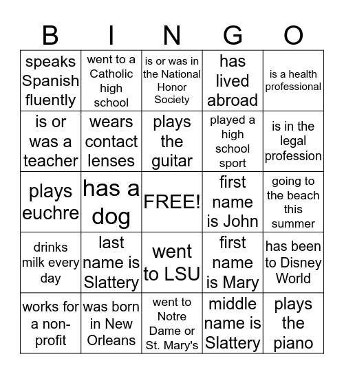 Slattery Family Bingo Card
