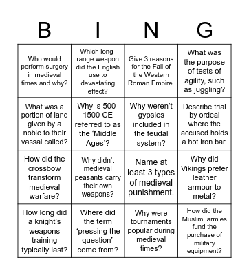 Medieval Europe Bingo Card