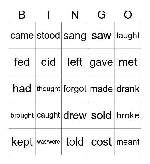 Irregular Verbs Bingo Card