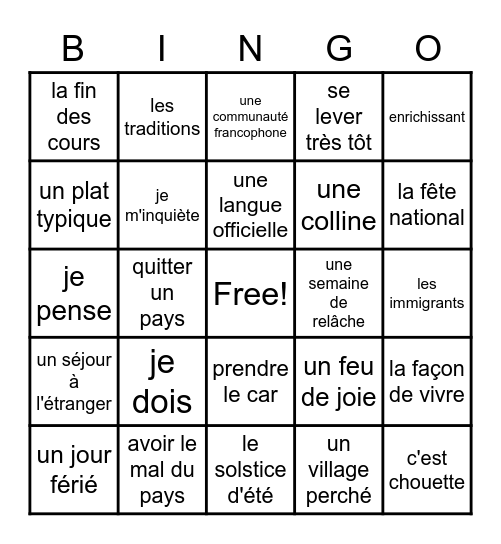 Everyday life in a French-speaking country Bingo Card