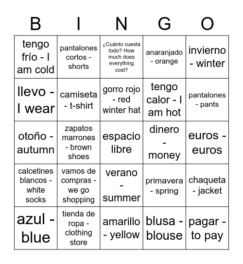 4.1 Vocabulario Bingo Card