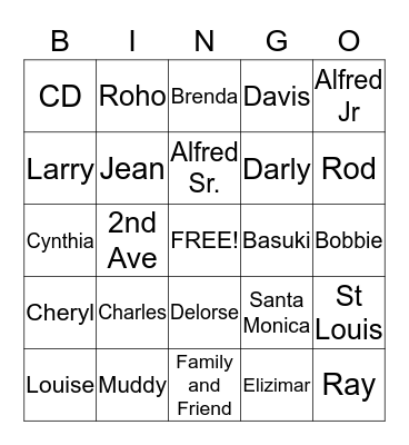 Davis Family and Friends Bingo Card