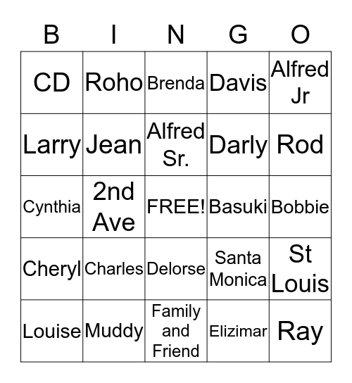 Davis Family and Friends Bingo Card