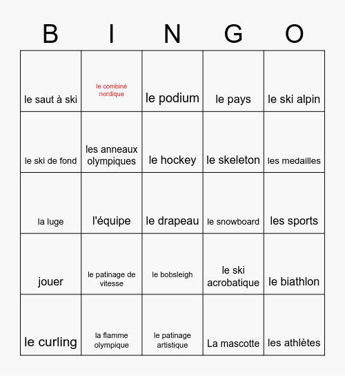 Les jeux olympiques d'hiver Bingo Card