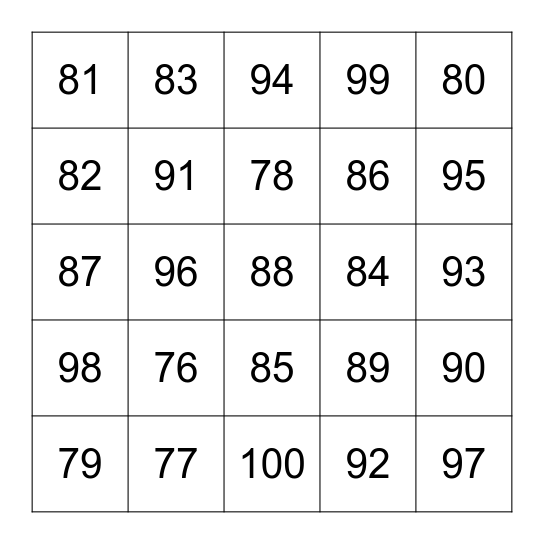 Bingo 76-100 Bingo Card