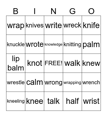 Silent letters 'kn', 'wr' and 'l' Bingo Card
