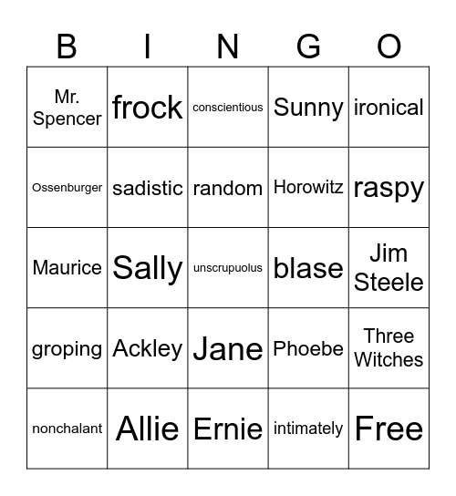 Holden Vocabulary Ch. 10-17 and Characters Bingo Card