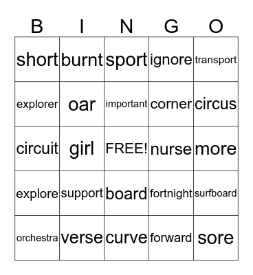 'r' influenced vowels Bingo Card