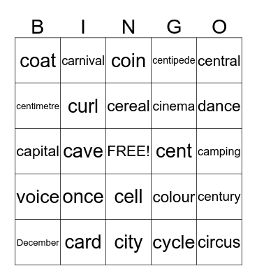 Hard and soft 'c' Bingo Card
