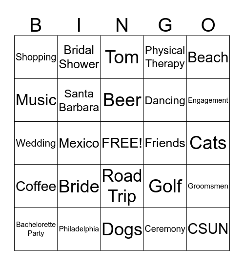 Mallory's Bridal Shower Bingo Card