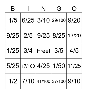 Fraction to Decimal Bingo Card