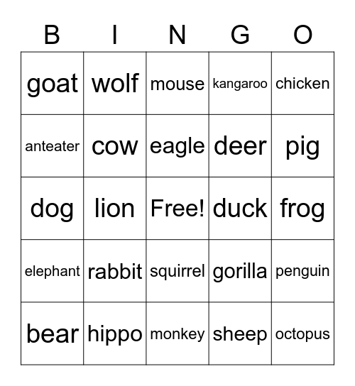 Animals Crossed Bingo Card
