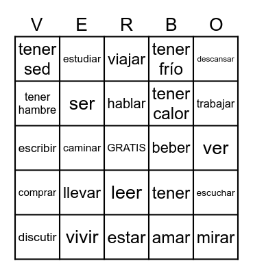 AR, ER and IR VERBS! Bingo Card