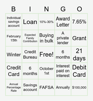 FINANCIAL AID Bingo Card