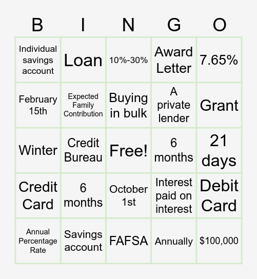 FINANCIAL AID Bingo Card