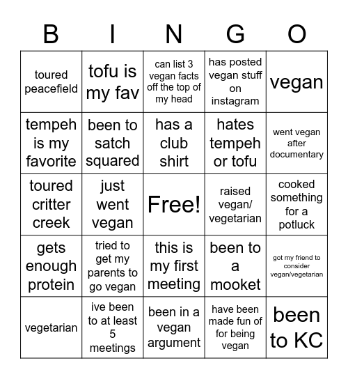 vegan bingo woop woop Bingo Card