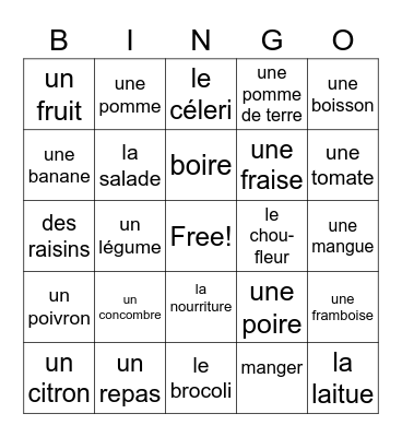 Fruits and Vegetables 1 Bingo Card