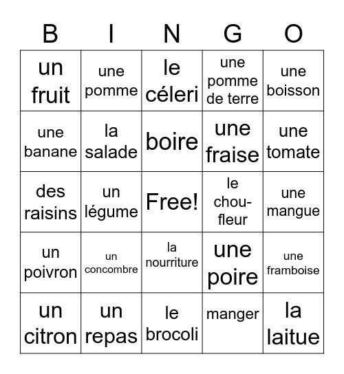 Fruits and Vegetables 1 Bingo Card
