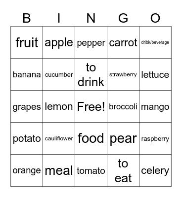 Les fruit et les légumes 2 Bingo Card
