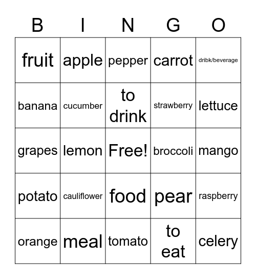 Les fruit et les légumes 2 Bingo Card