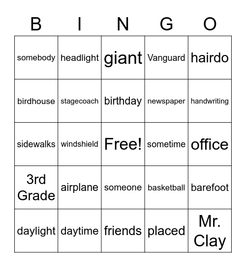 Spelling week of Feb 14th Bingo Card
