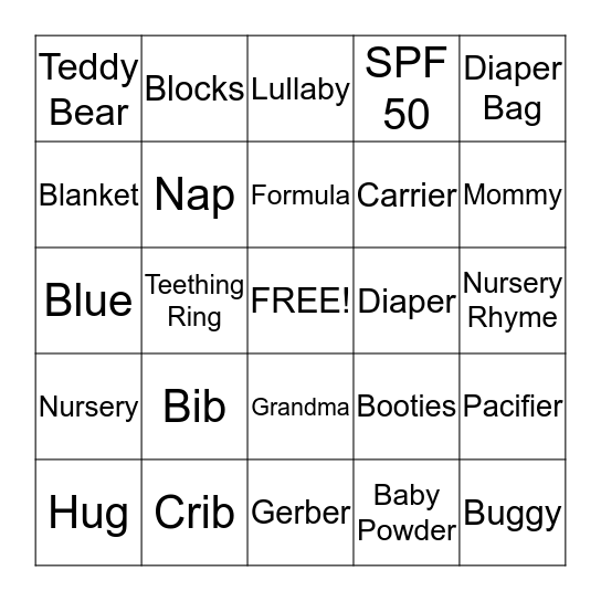 Leber Baby Shower Bingo Card