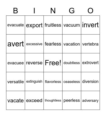 Spelling List #20 Bingo Card