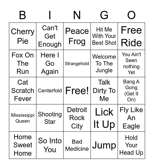 Beef's Classic Rock Cover Bingo Card