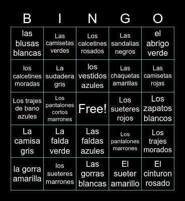 Ropa y Colores Bingo Card