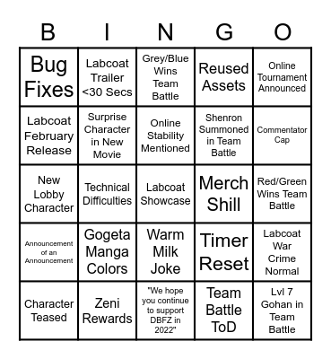 DBZ Battle Hour Bingo Card