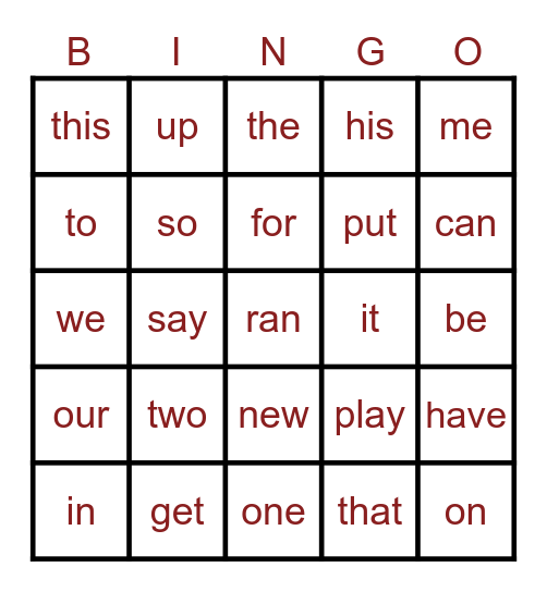 Sight Words Bingo Card