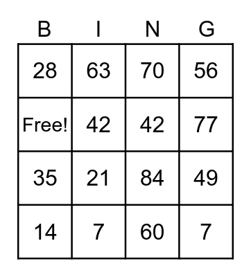 7s Multiplication Bingo Card