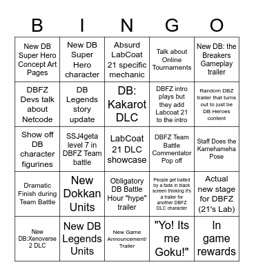 DBZ Battle Hour 2022 predictions Bingo Card