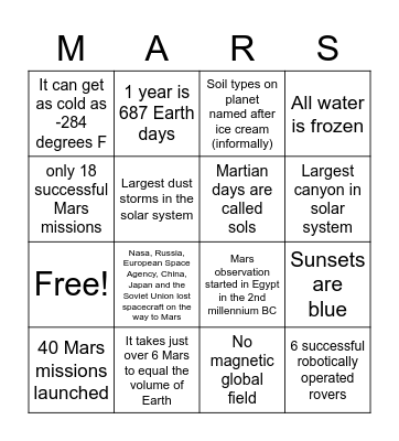 Rove around the Red Planet! Bingo Card