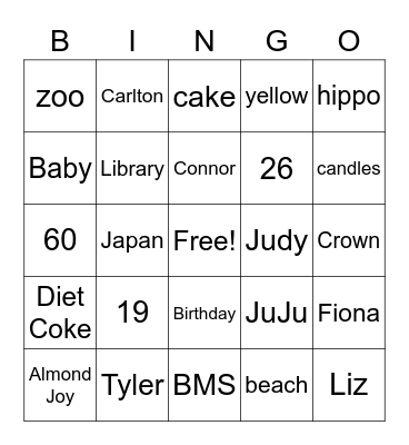 Judy's Birthday Bingo Card